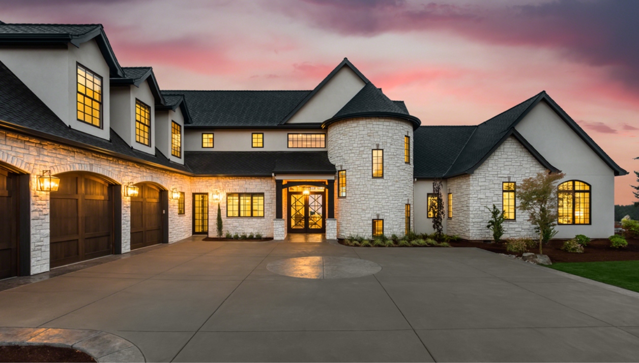 A large luxury home at twilight.