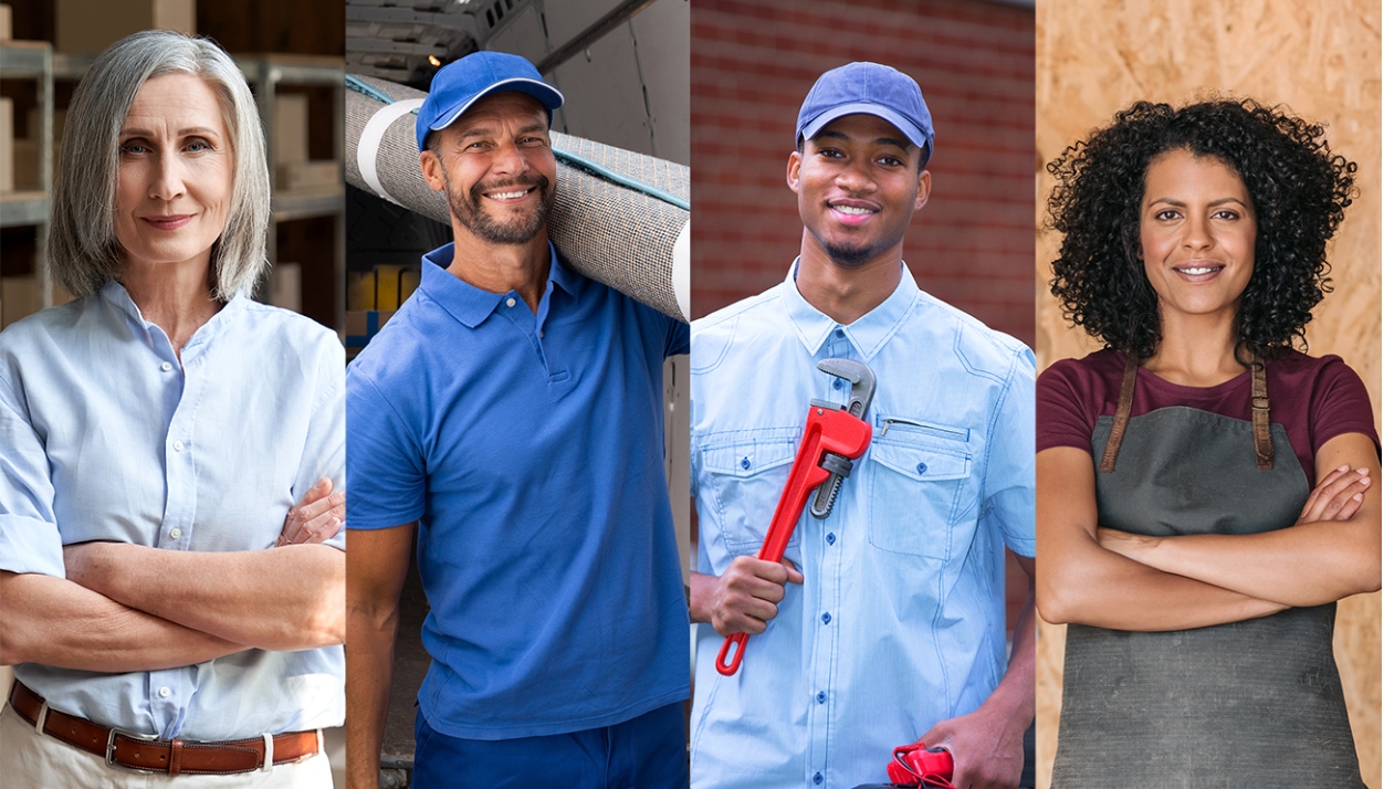 A composite photo of four different trades people.
